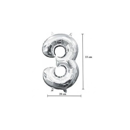 Számos lufi 16" (40cm) fólia szám, számjegy 3 levegővel tölthető, ezüst, 3308001